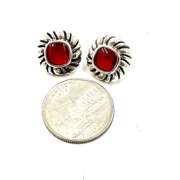 VINTAGE Sterling Silver Earrings ESPO JOSEPH ESPOSITO RED GLASS CABOCHON - Picture 2 of 8